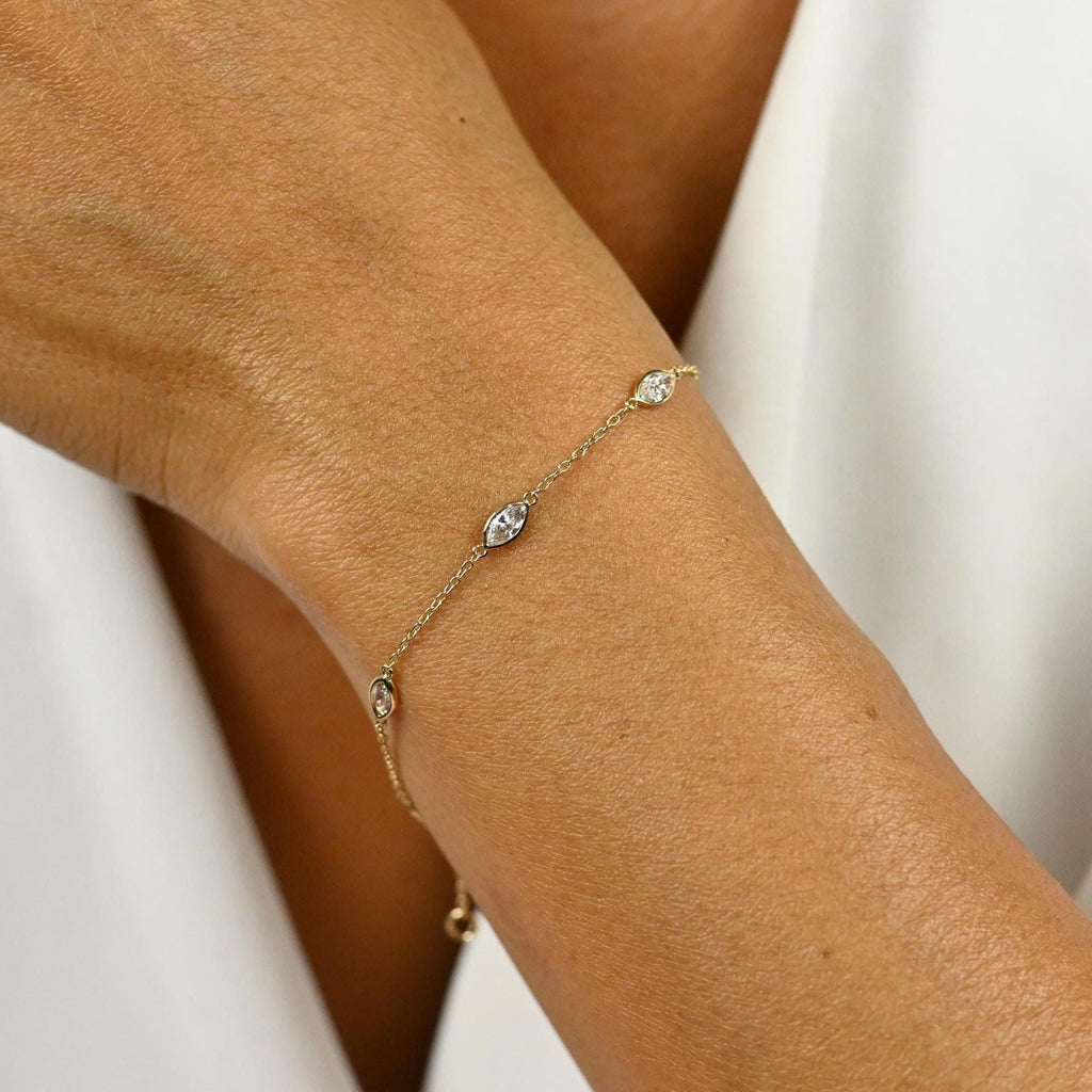 14k Gold Marquise Diamond Station Bracelet: Natural or Lab Grown