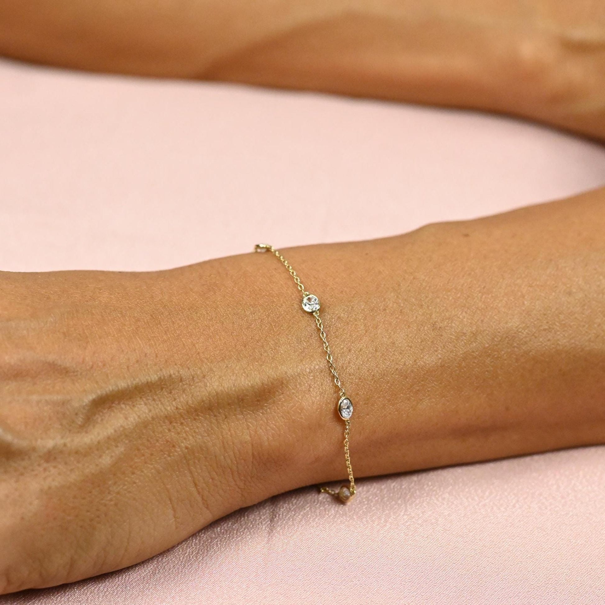 14k Gold Oval Diamond Station Bracelet: Natural or Lab Grown