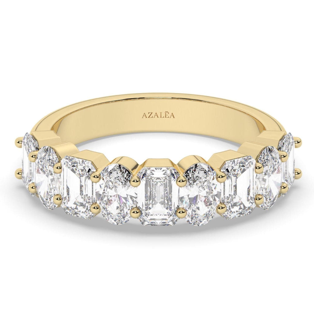 14k Gold Emerald & Oval Diamond Wedding Band / Alternating Diamond Halfway Ring / Diamond Anniversary Ring