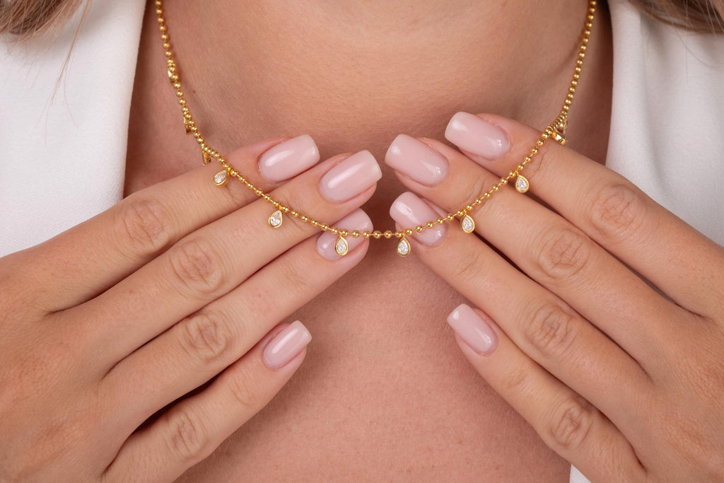 Diamond Ball Chain Station Necklace / 14k Gold Pear Diamond Station Necklace / Dainty Diamond Necklace / Bead Chain Layering Necklace