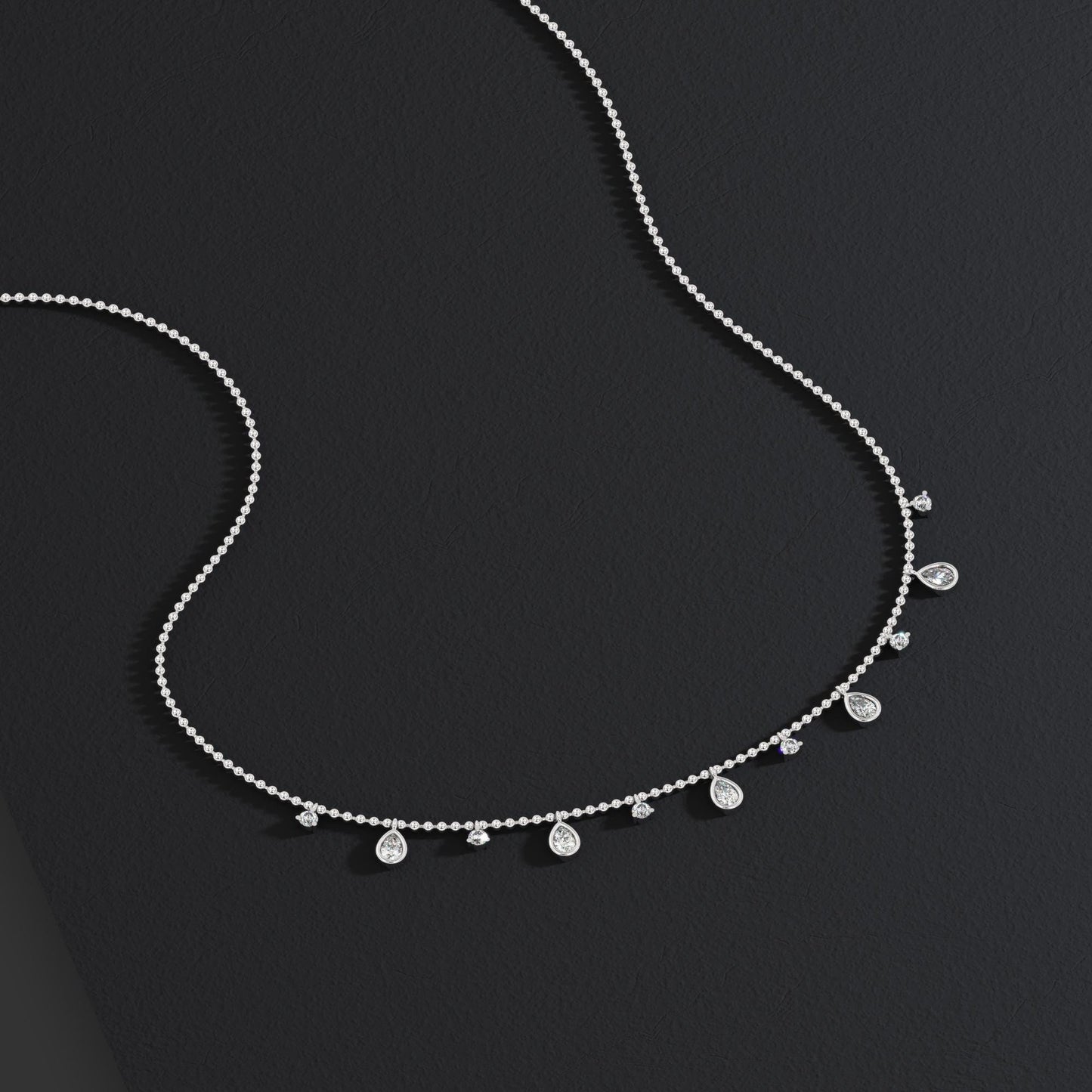 14k Gold Pear Diamond Station Dangle Necklace: Dainty Ball Chain Layering Necklace