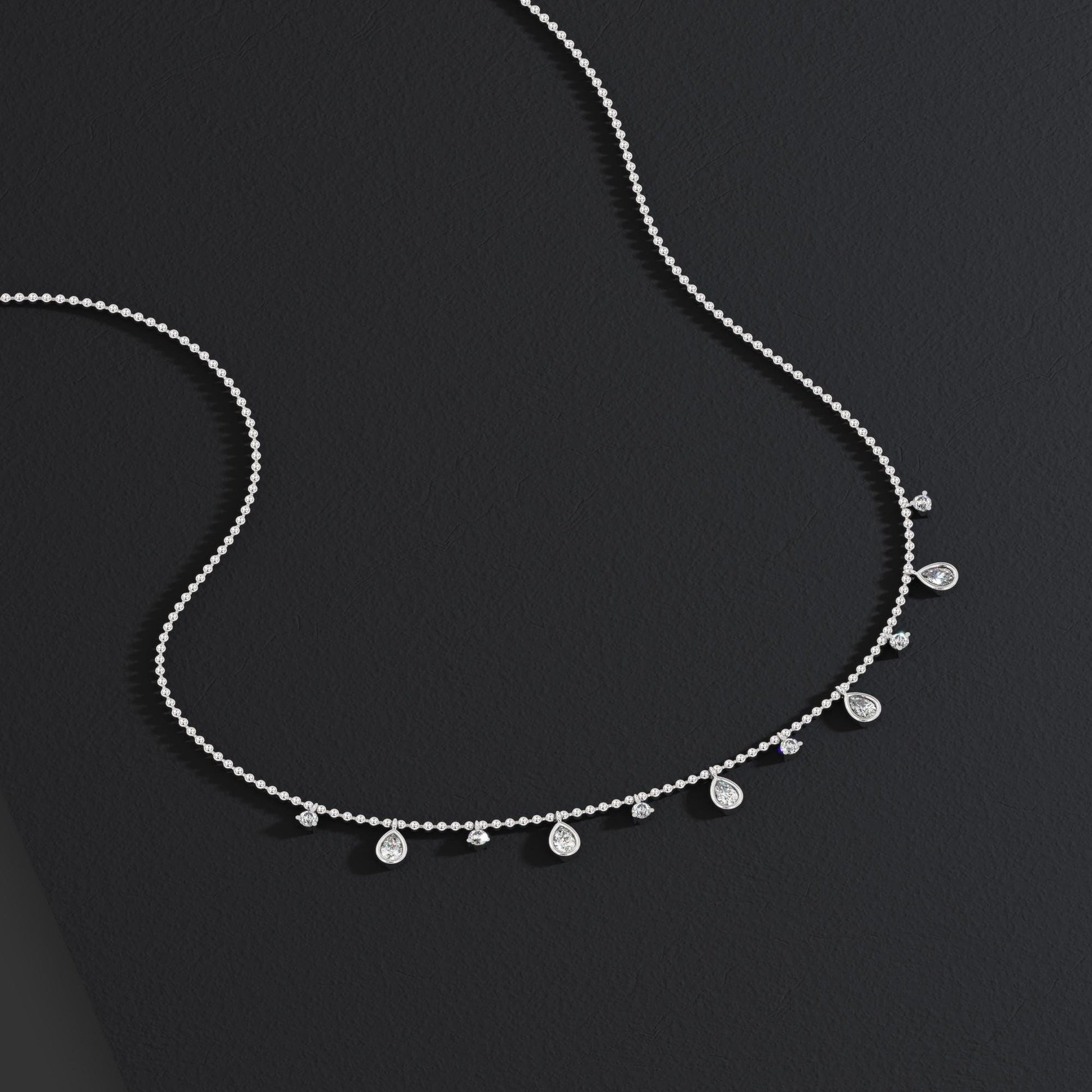 14k Gold Pear Diamond Station Dangle Necklace: Dainty Ball Chain Layering Necklace