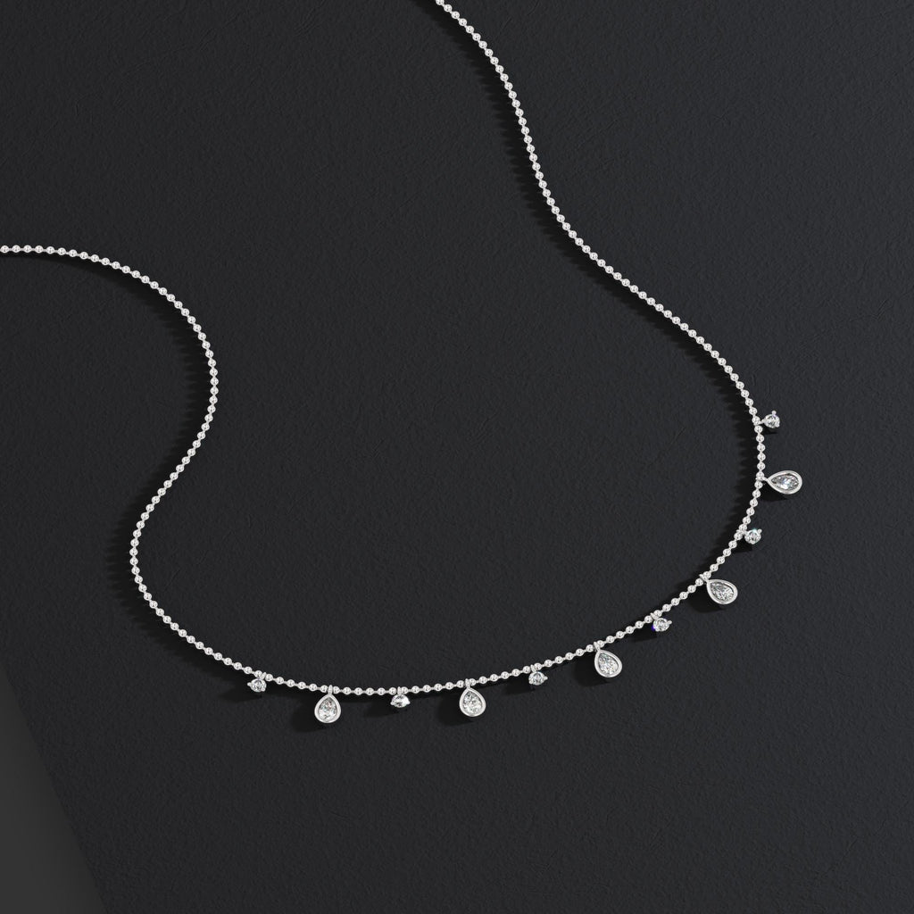 14k Gold Pear Diamond Station Dangle Necklace: Dainty Ball Chain Layering Necklace