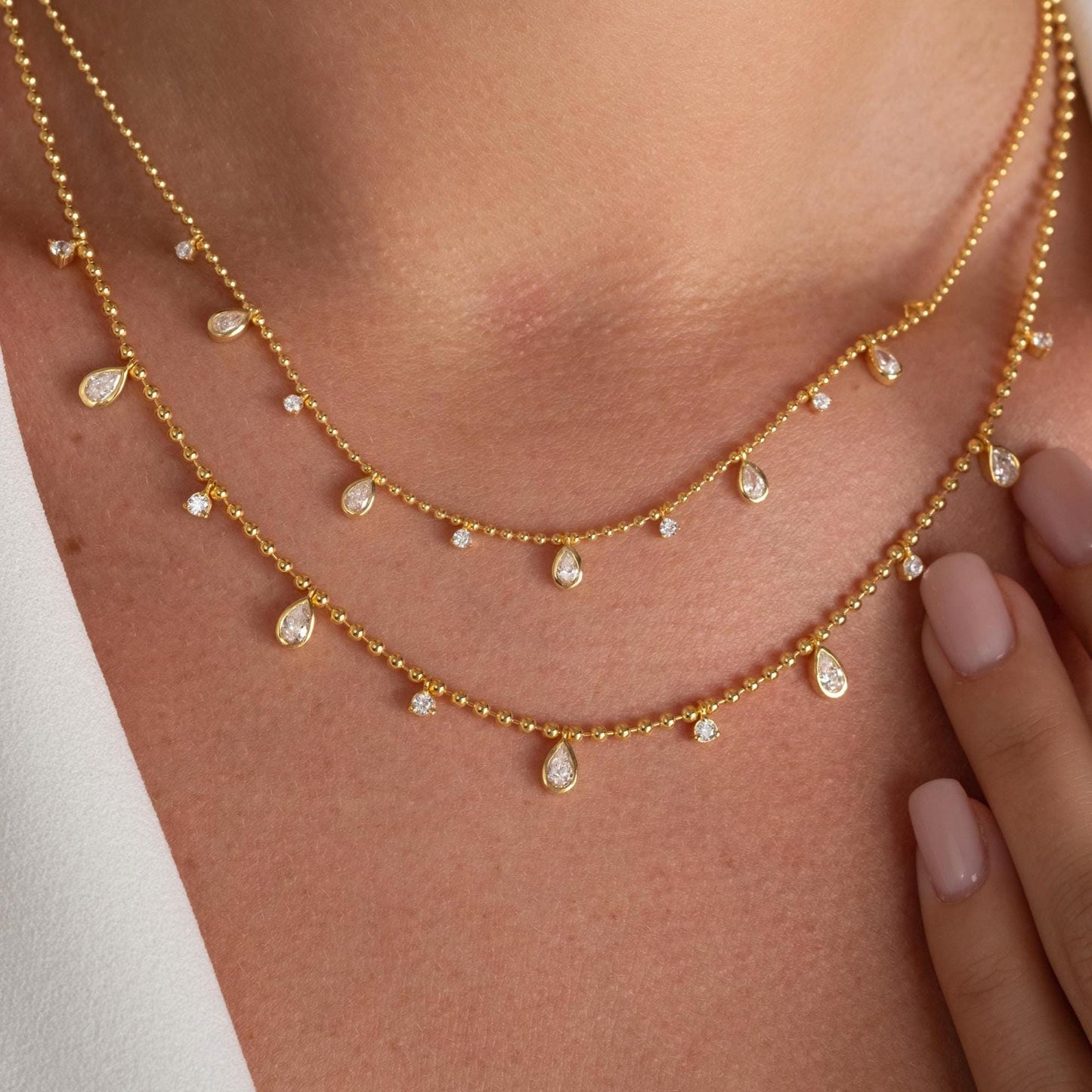 14k Gold Pear Diamond Station Dangle Necklace: Dainty Ball Chain Layering Necklace