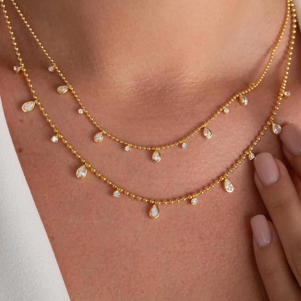 14k Gold Pear Diamond Station Dangle Necklace: Dainty Ball Chain Layering Necklace