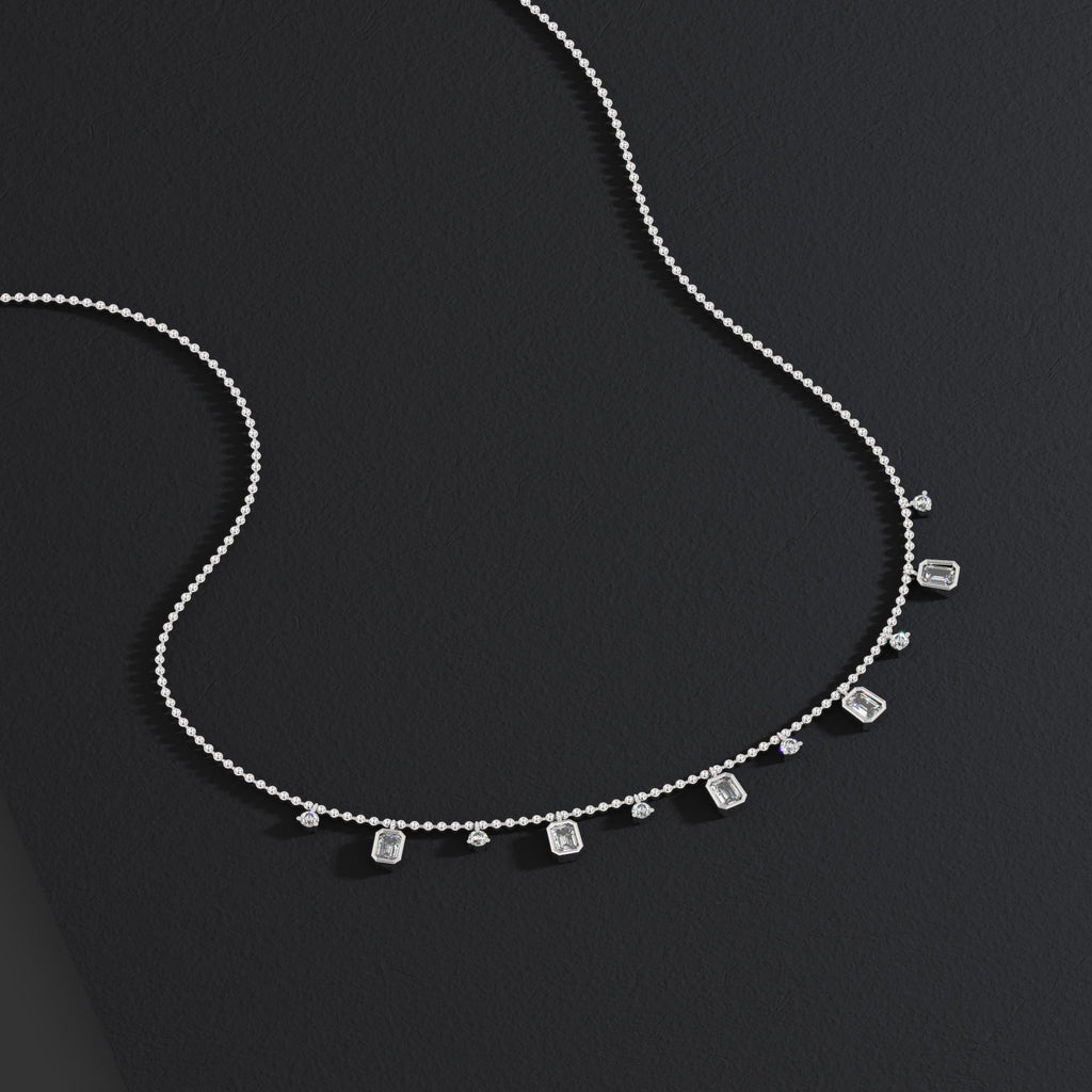 Dainty 14k Gold Emerald Cut Diamond Station Dangle Necklace - Ball Chain