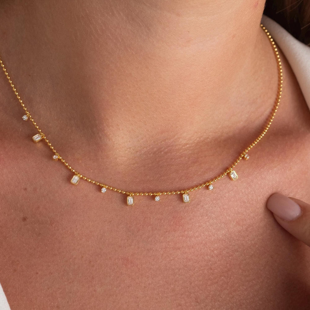 Dainty 14k Gold Emerald Cut Diamond Station Dangle Necklace - Ball Chain