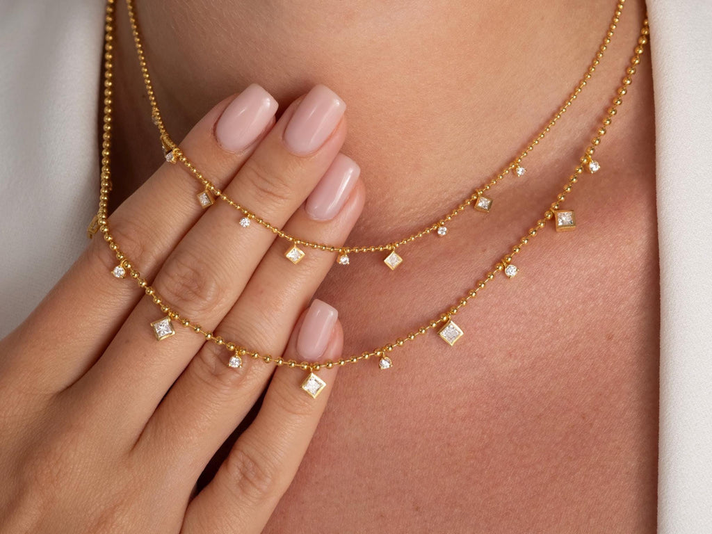 Princess Cut Diamond Station Necklace / 14k Gold Diamond Necklace / Dainty Bead Chain Diamond Necklace / Ball Chain Layering Necklace
