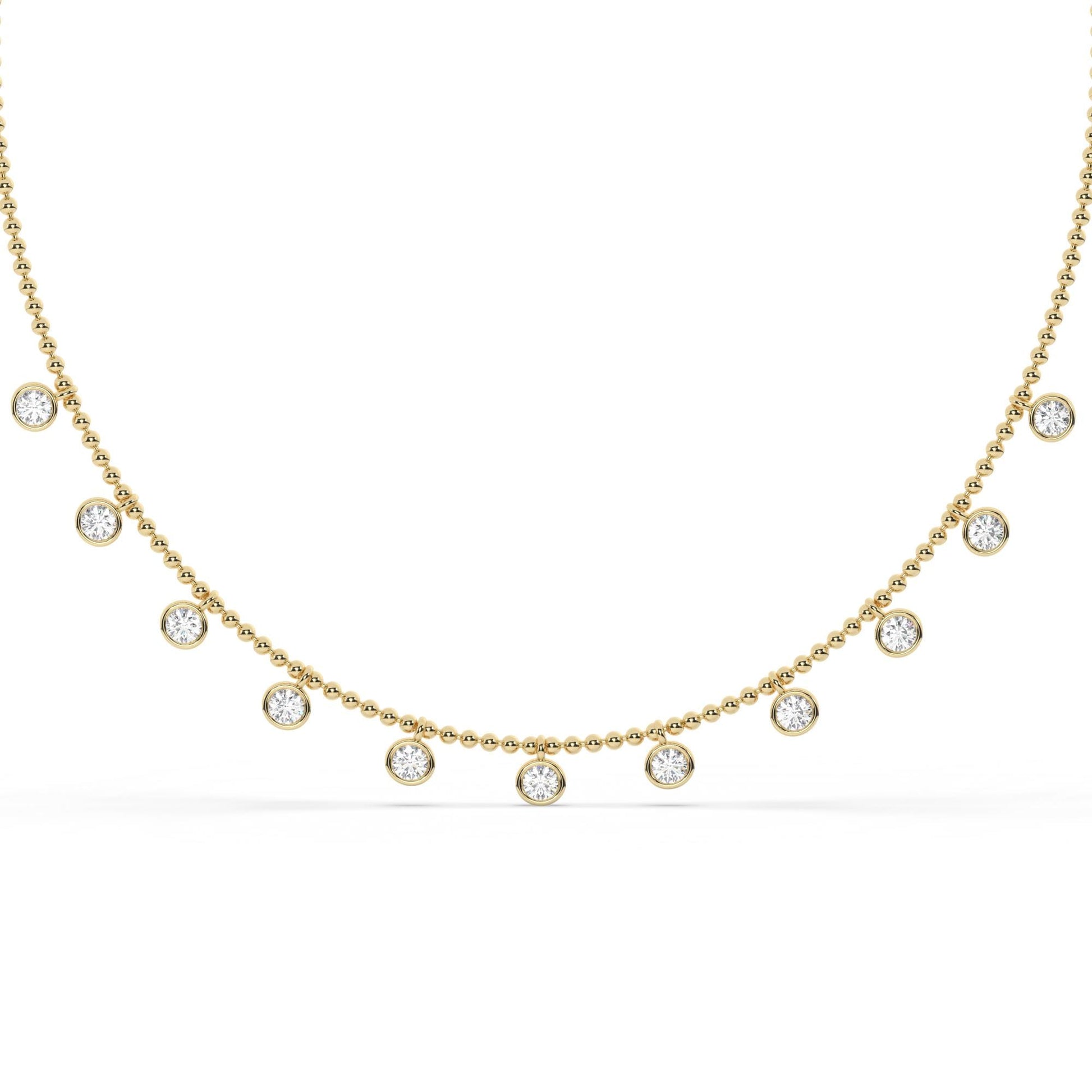 14k Gold Diamond Station Necklace: Bezel Set Ball Chain