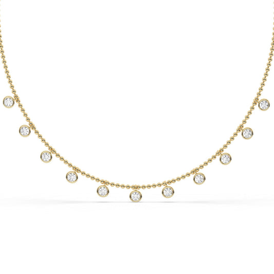 14k Gold Diamond Station Necklace: Bezel Set Ball Chain