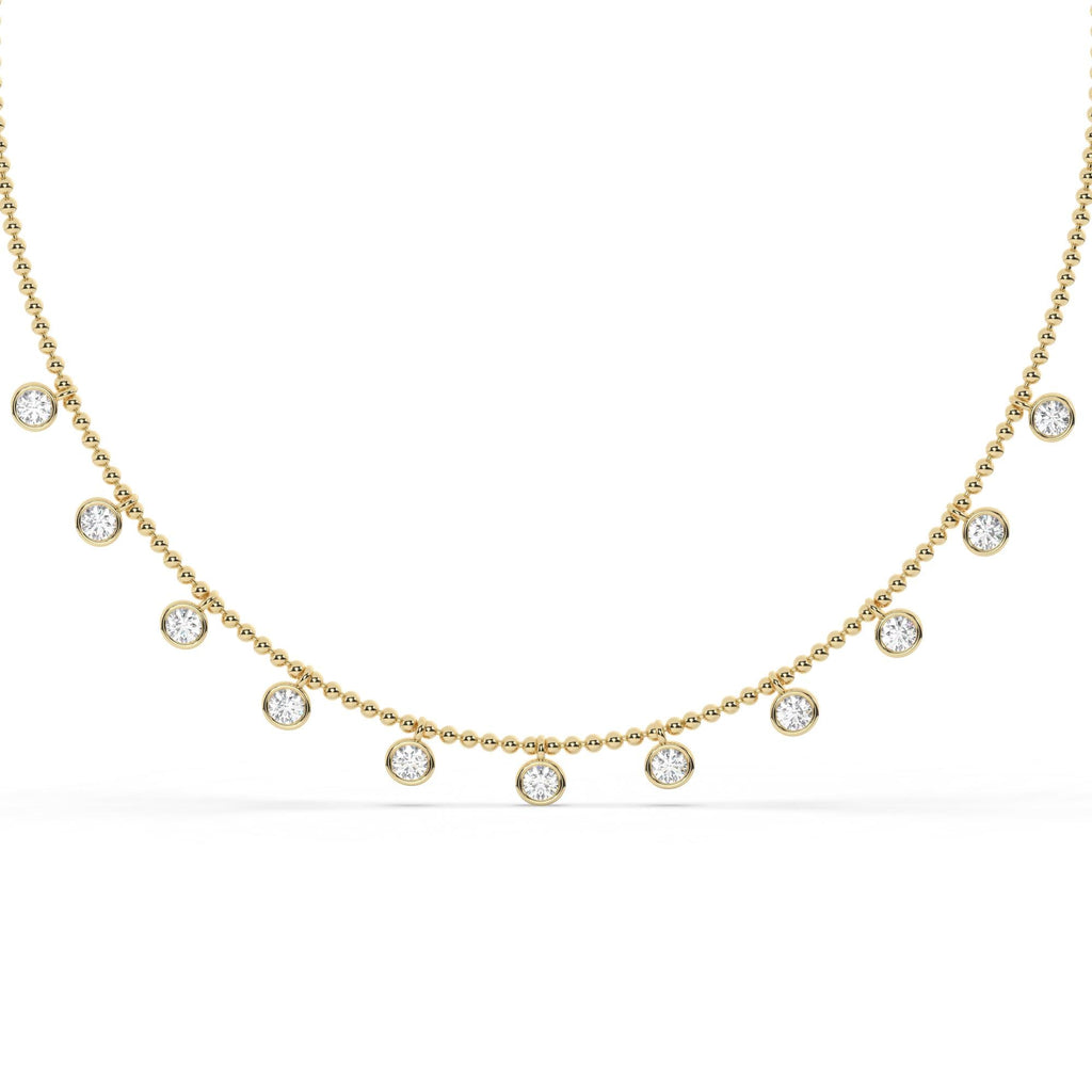 14k Gold Diamond Station Necklace: Bezel Set Ball Chain