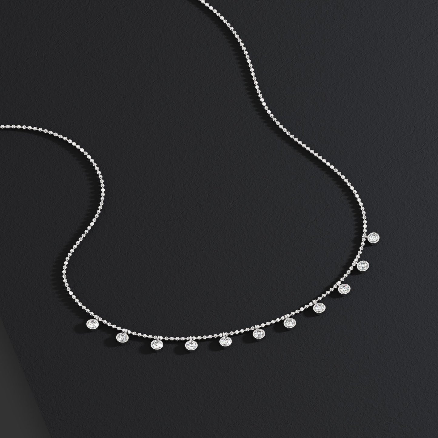 14k Gold Diamond Station Necklace: Bezel Set Ball Chain