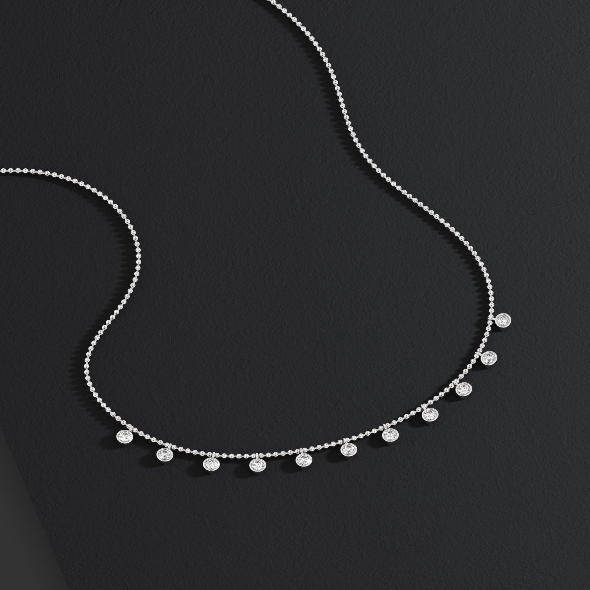 14k Gold Diamond Station Necklace: Bezel Set Ball Chain