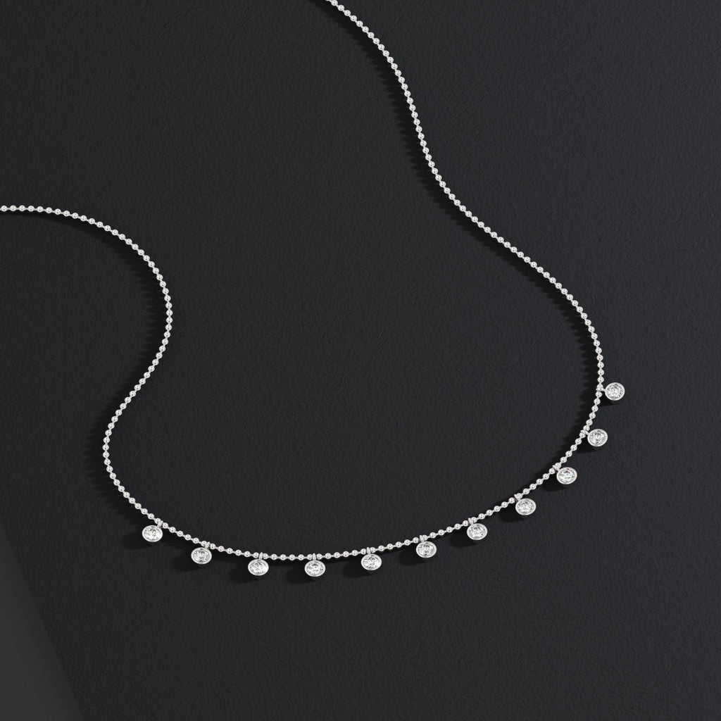 14k Gold Diamond Station Necklace: Bezel Set Ball Chain