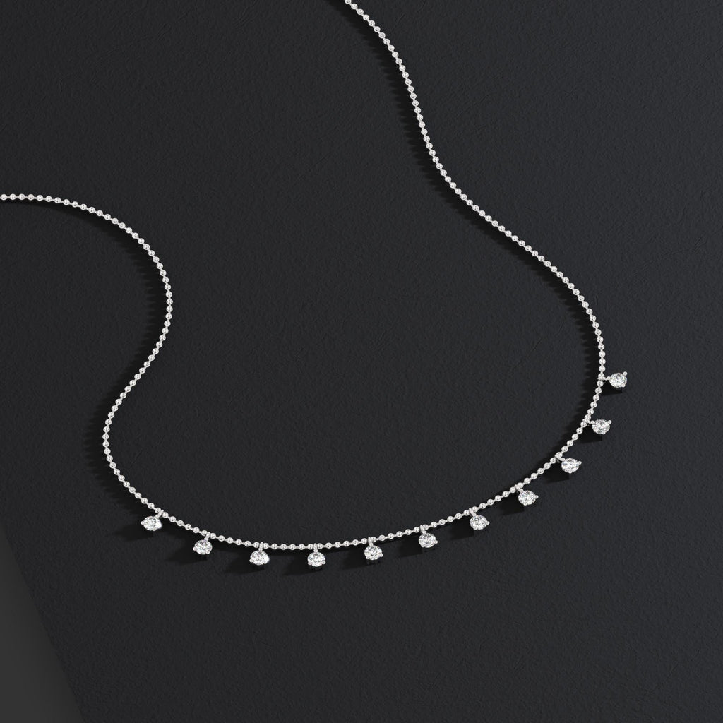 14k Gold Diamond Station Necklace: Dainty Ball Chain Layering Necklace Prong Set, Dainty Gold