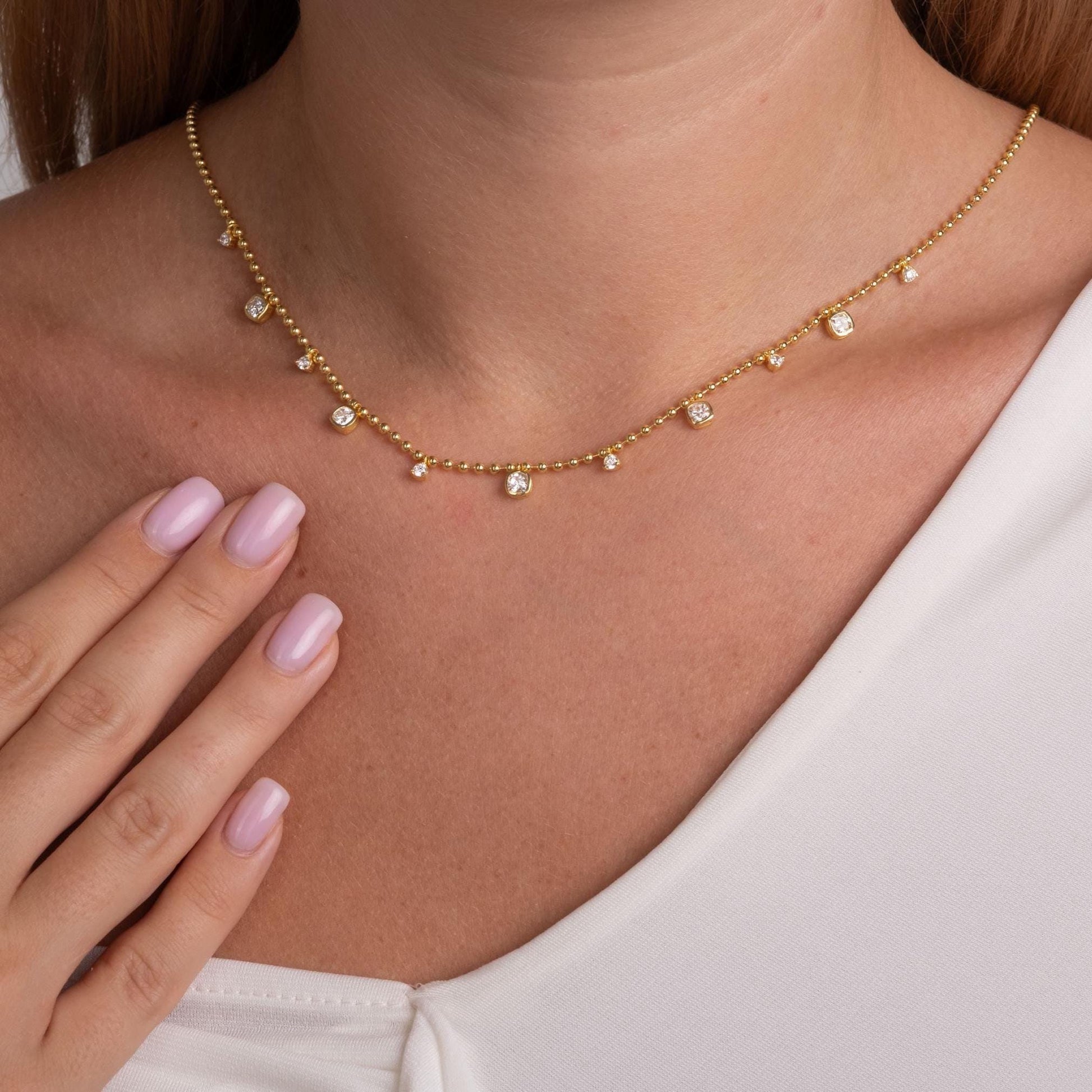 Dainty 14k Gold Cushion Cut Diamond Station Necklace - Ball Chain layering necklace