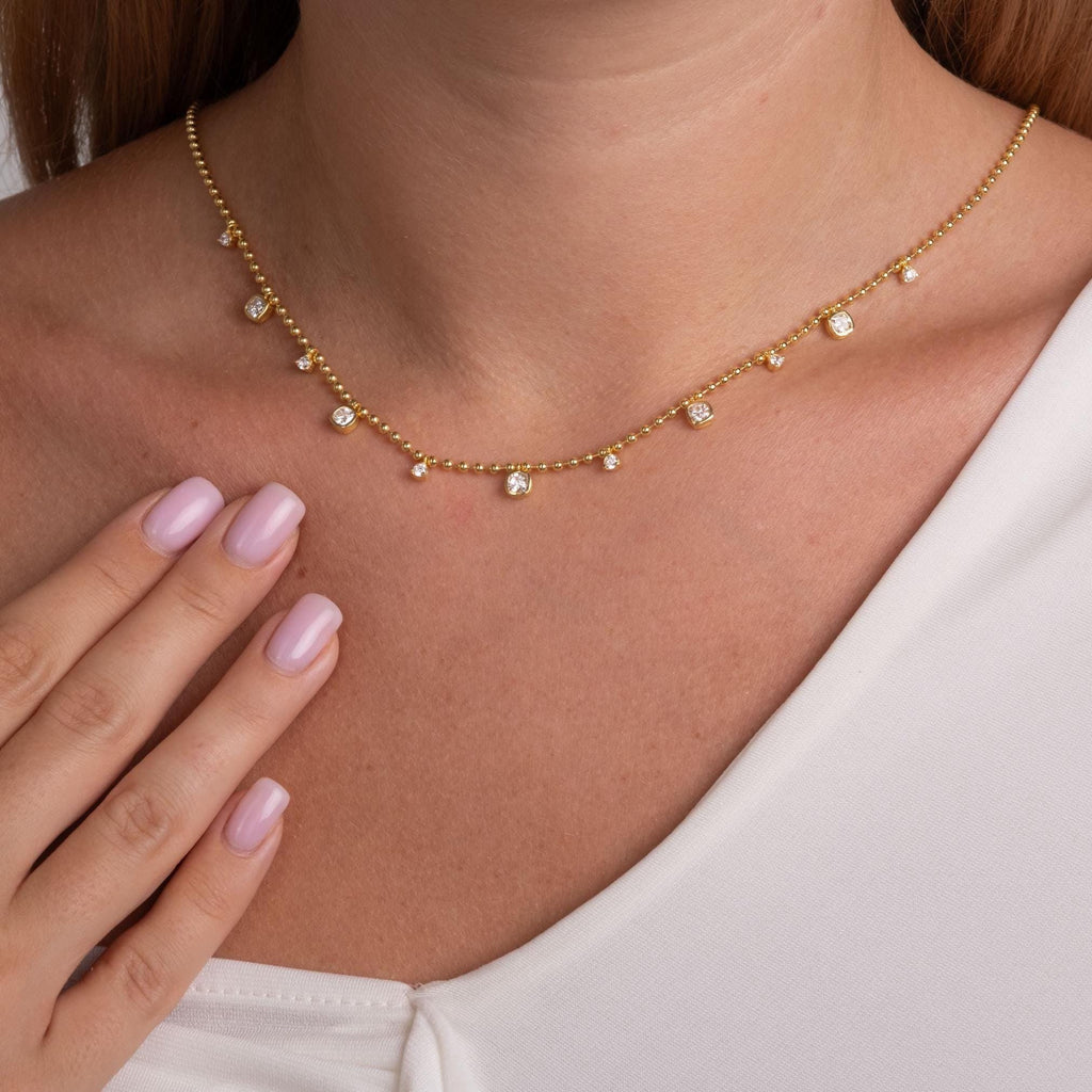 Dainty 14k Gold Cushion Cut Diamond Station Necklace - Ball Chain layering necklace