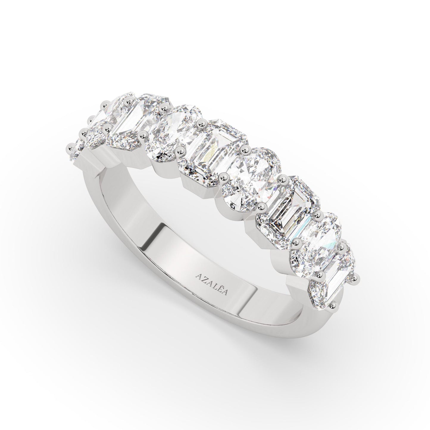 14k Gold Emerald & Oval Diamond Wedding Band / Alternating Diamond Halfway Ring / Diamond Anniversary Ring