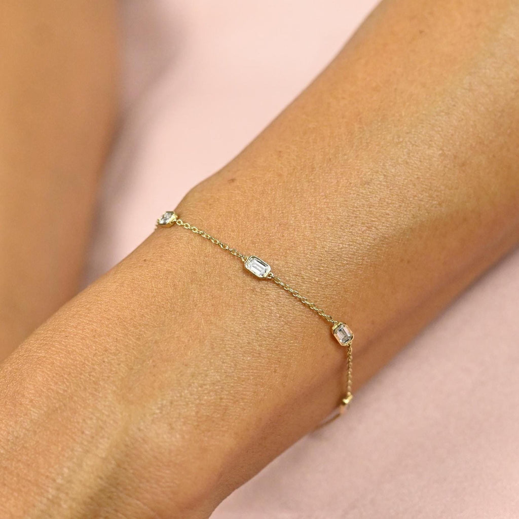 14k Gold Emerald Cut Diamond Station Bracelet: Dainty Birthday Gift