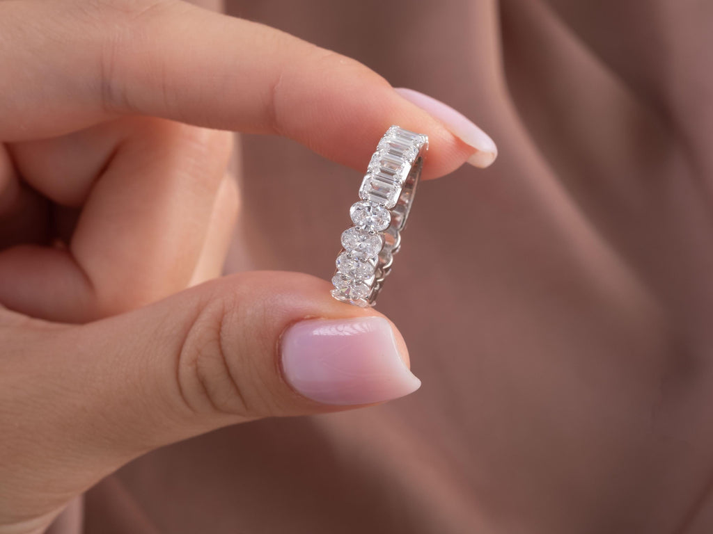 5 CT Diamond Eternity Ring / 14k Gold Half Emerald Half Oval Cut Diamond Eternity Wedding Band / Natural & Lab Diamond options