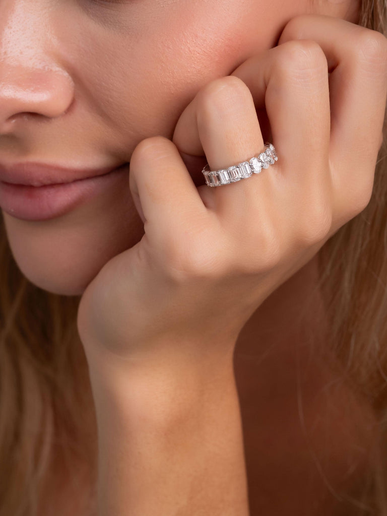 5 CT Diamond Eternity Ring / 14k Gold Half Emerald Half Oval Cut Diamond Eternity Wedding Band / Natural & Lab Diamond options