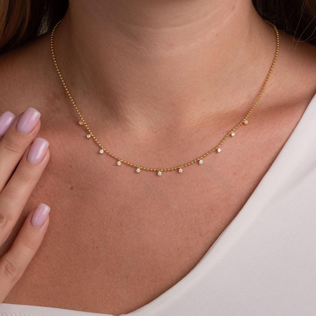 14k Gold Diamond Station Necklace: Dainty Ball Chain Layering Necklace Prong Set, Dainty Gold
