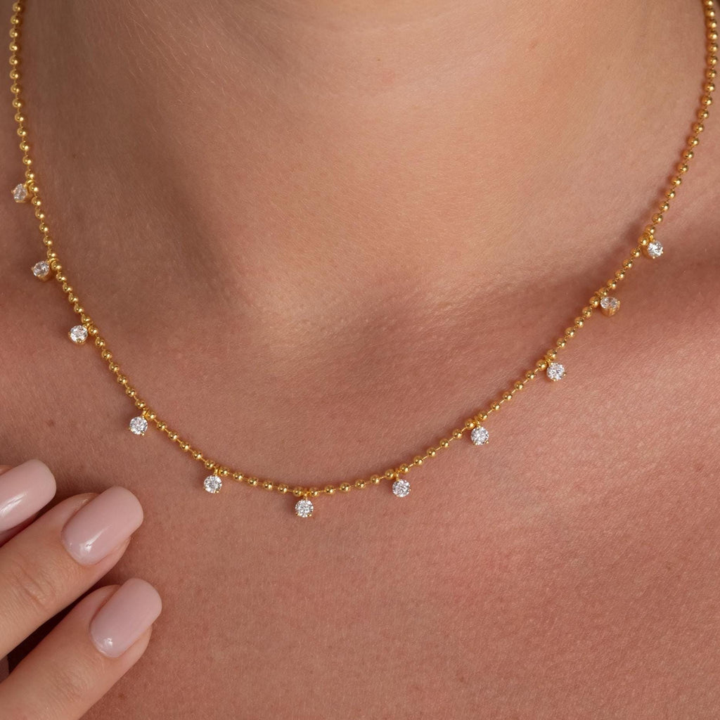 14k Gold Diamond Station Necklace: Dainty Ball Chain Layering Necklace Prong Set, Dainty Gold
