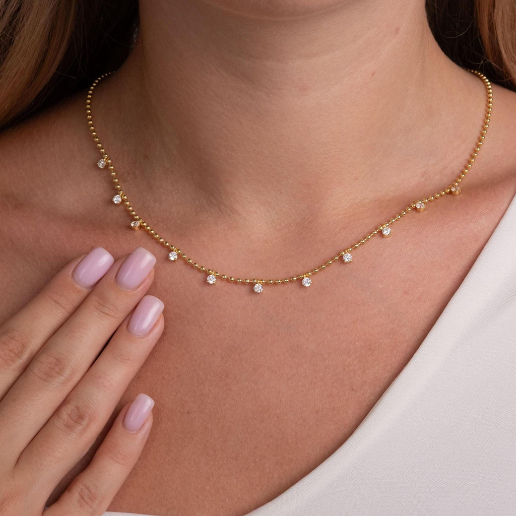 14k Gold Diamond Station Necklace: Dainty Ball Chain Layering Necklace Prong Set, Dainty Gold