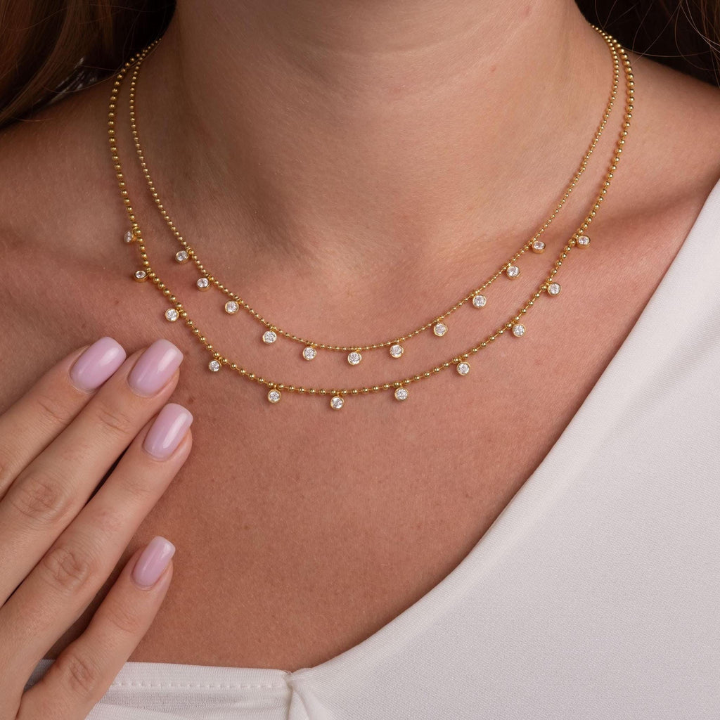 14k Gold Diamond Station Necklace: Bezel Set Ball Chain