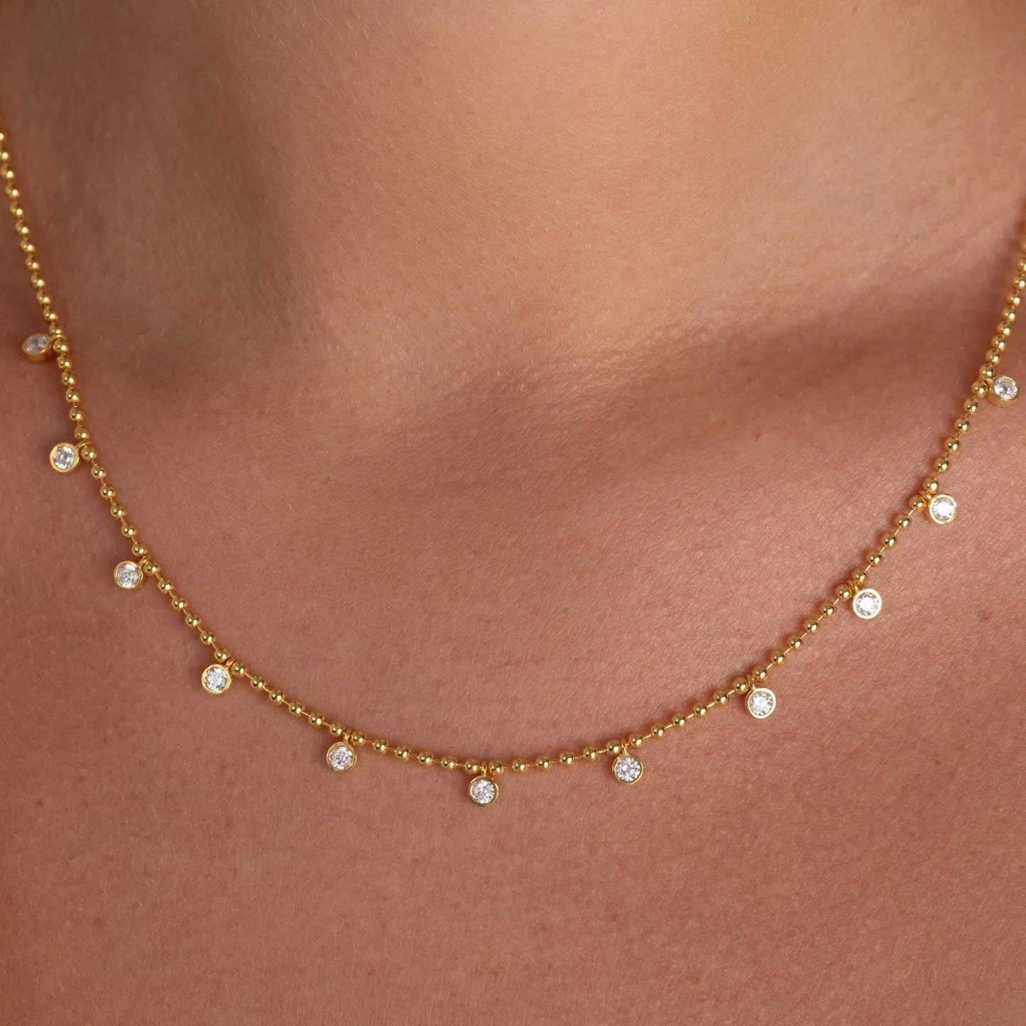 14k Gold Diamond Station Necklace: Bezel Set Ball Chain