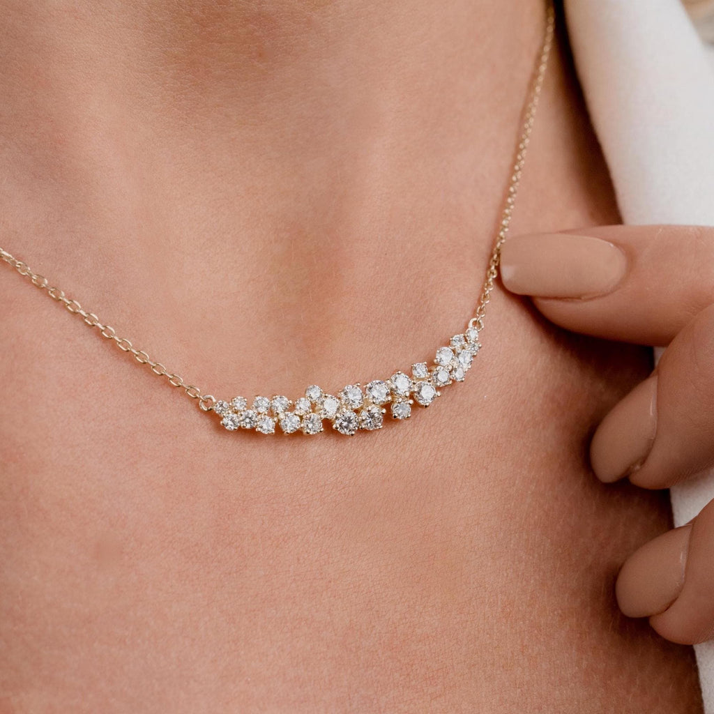 14k Gold Diamond Cluster Necklace: Minimalist Layering Jewelry Unique Diamond Necklace / Gift for her