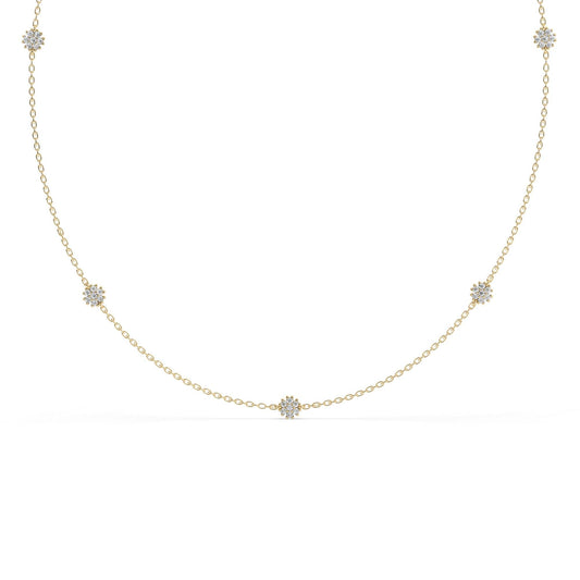 14k Gold Diamond Flower Station Necklace - Minimalist Layering Necklace