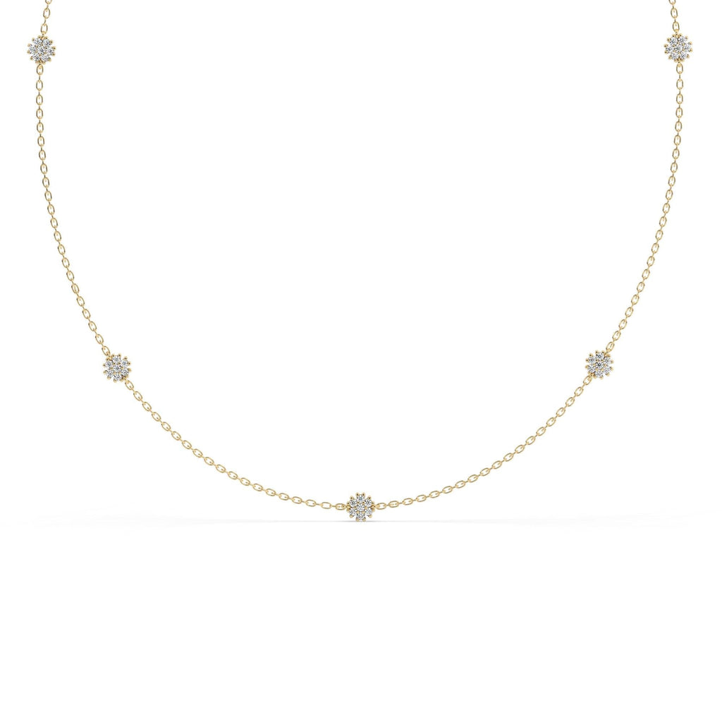 14k Gold Diamond Flower Station Necklace - Minimalist Layering Necklace