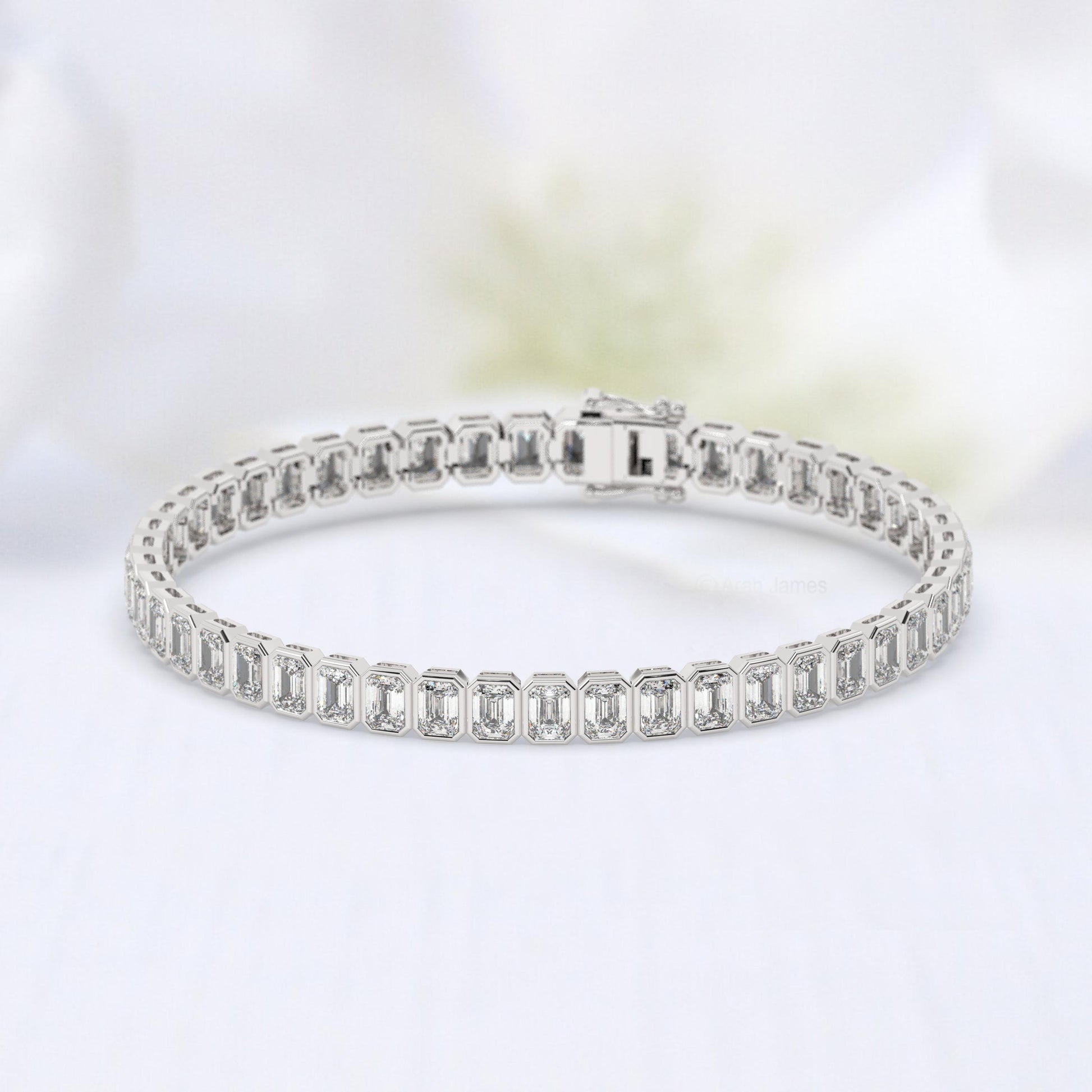 14k Gold Emerald Cut Tennis Bracelet: Lab or Natural Diamond, Bezel Set