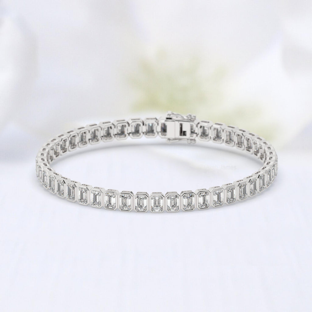 14k Gold Emerald Cut Tennis Bracelet: Lab or Natural Diamond, Bezel Set