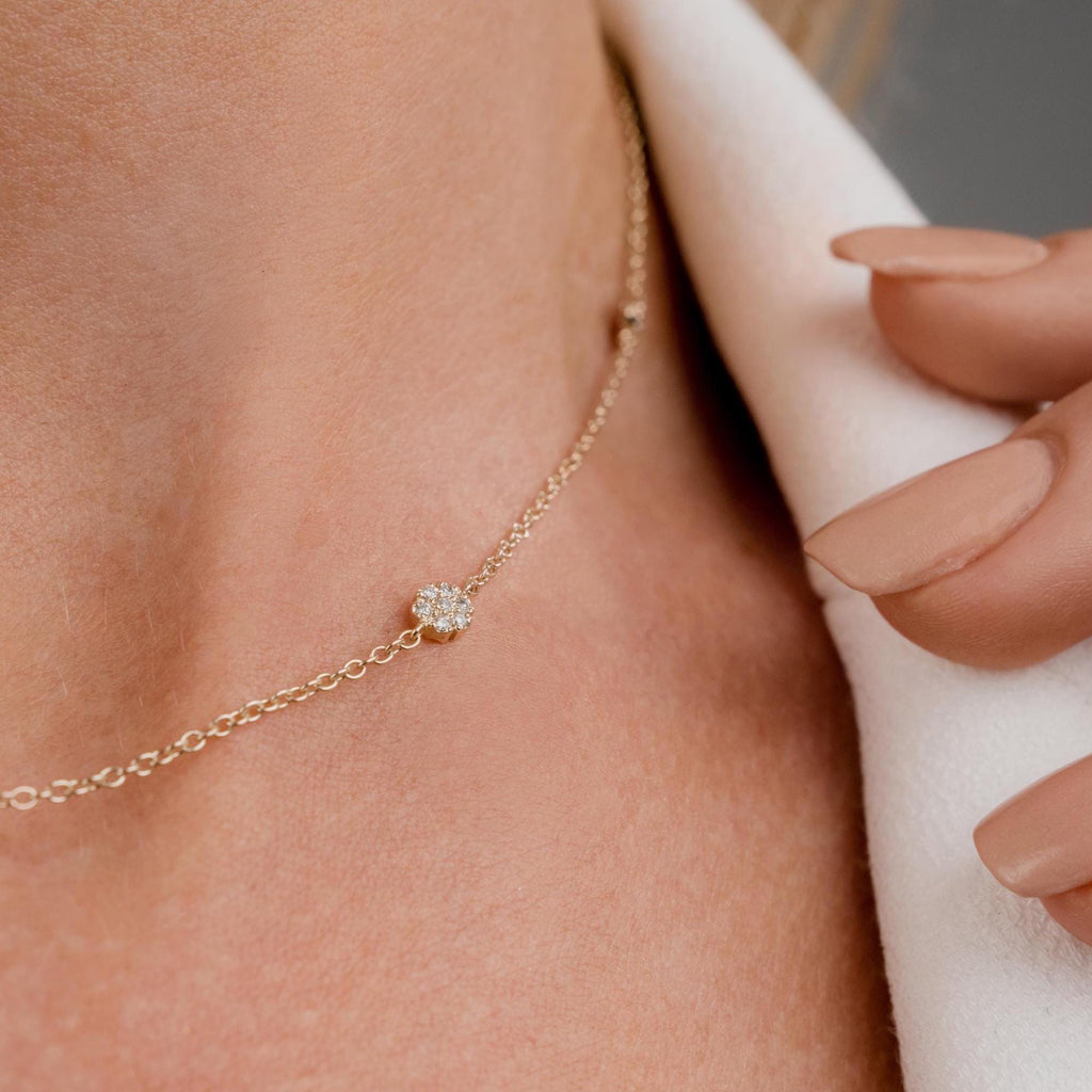 14k Gold Diamond Flower Station Necklace - Minimalist Layering Necklace