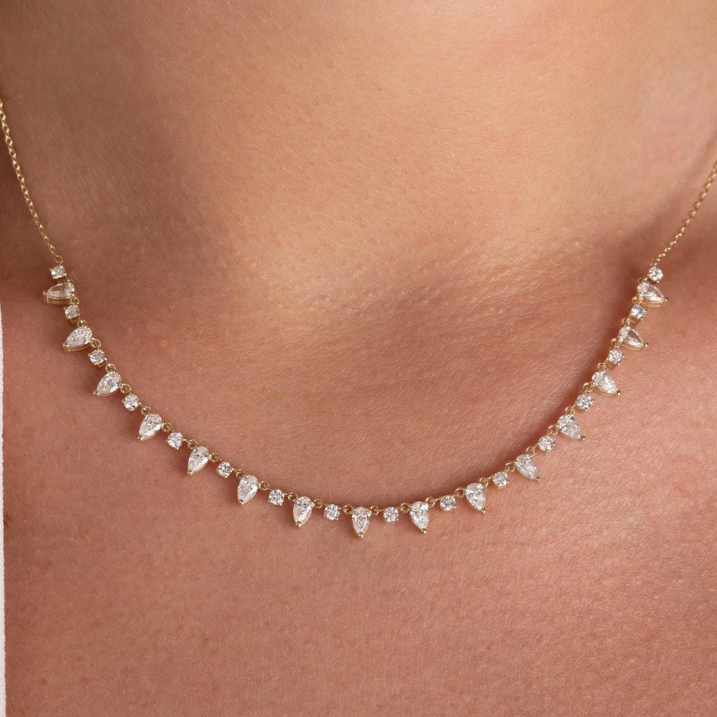 14k Gold Pear Diamond Station Necklace: Dainty Layering Necklace