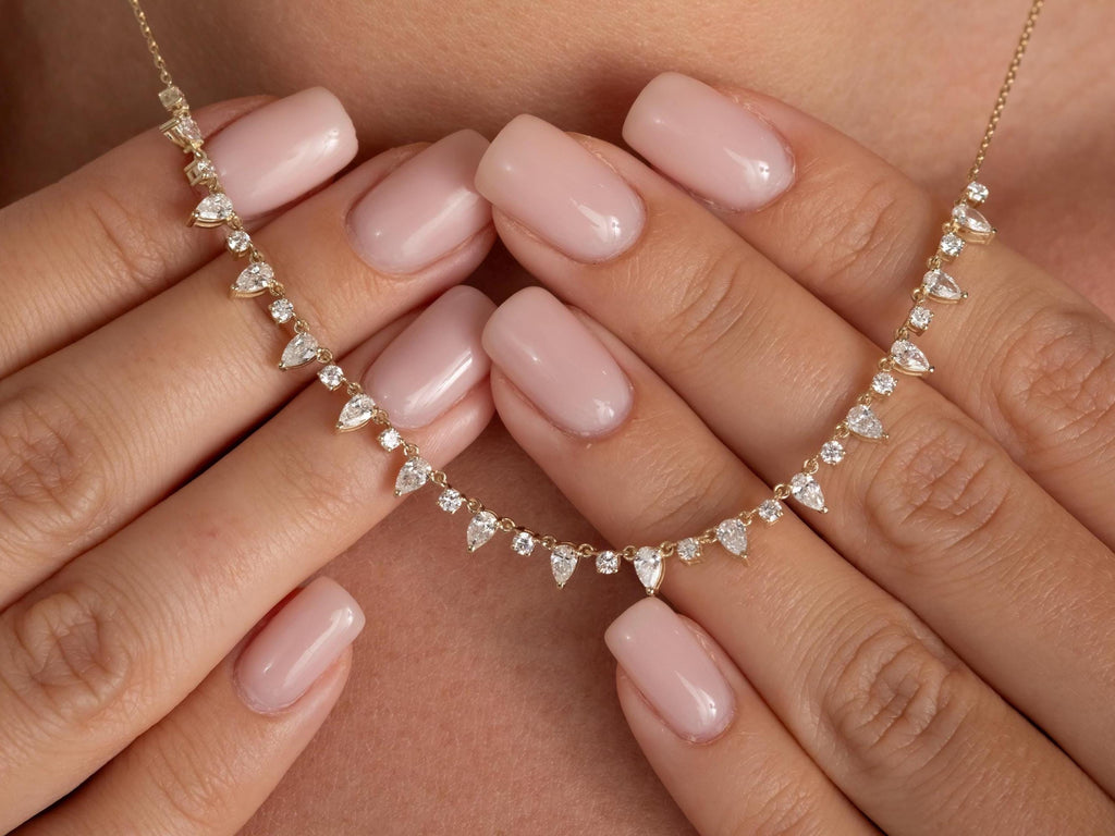 14k Gold Pear Diamond Station Necklace: Dainty Layering Necklace