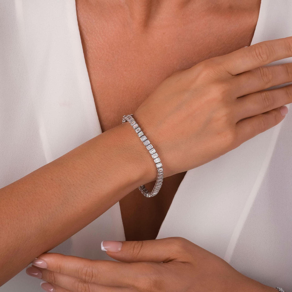 14k Gold Emerald Cut Tennis Bracelet: Lab or Natural Diamond, Bezel Set