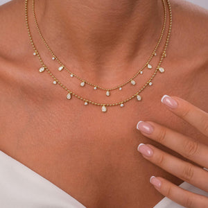 14k Gold Pear Diamond Station Dangle Necklace: Dainty Ball Chain Layering Necklace