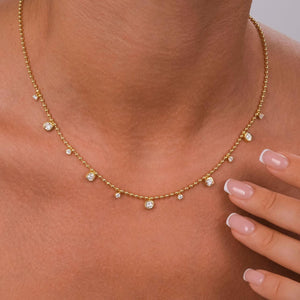 Dainty 14k Gold Cushion Cut Diamond Station Necklace - Ball Chain layering necklace