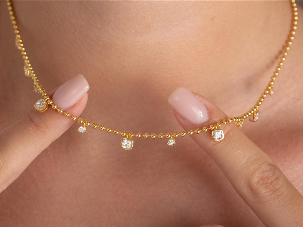 Dainty 14k Gold Cushion Cut Diamond Station Necklace - Ball Chain layering necklace