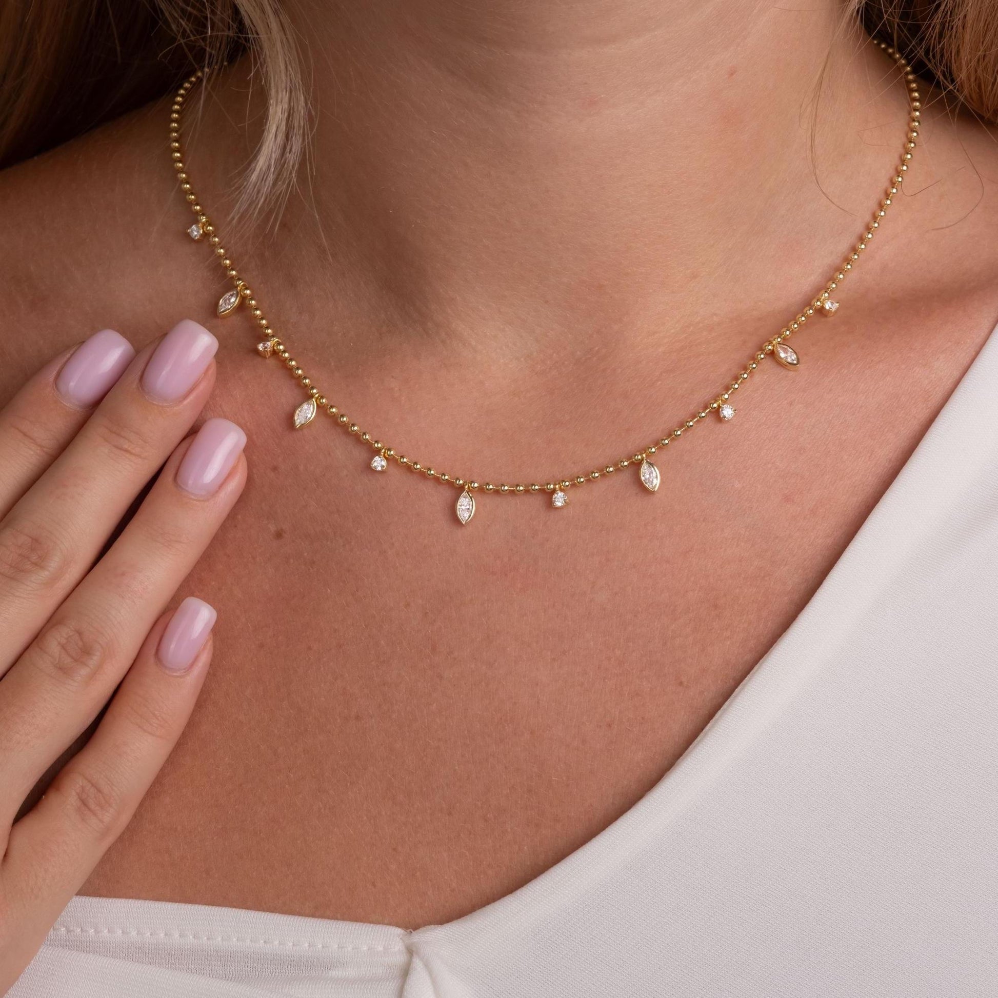 Diamond Ball Chain Station Necklace / 14k Gold Marquise Cut Diamond Station Necklace /Dainty Diamond Necklace / Bead Chain Layering Necklace