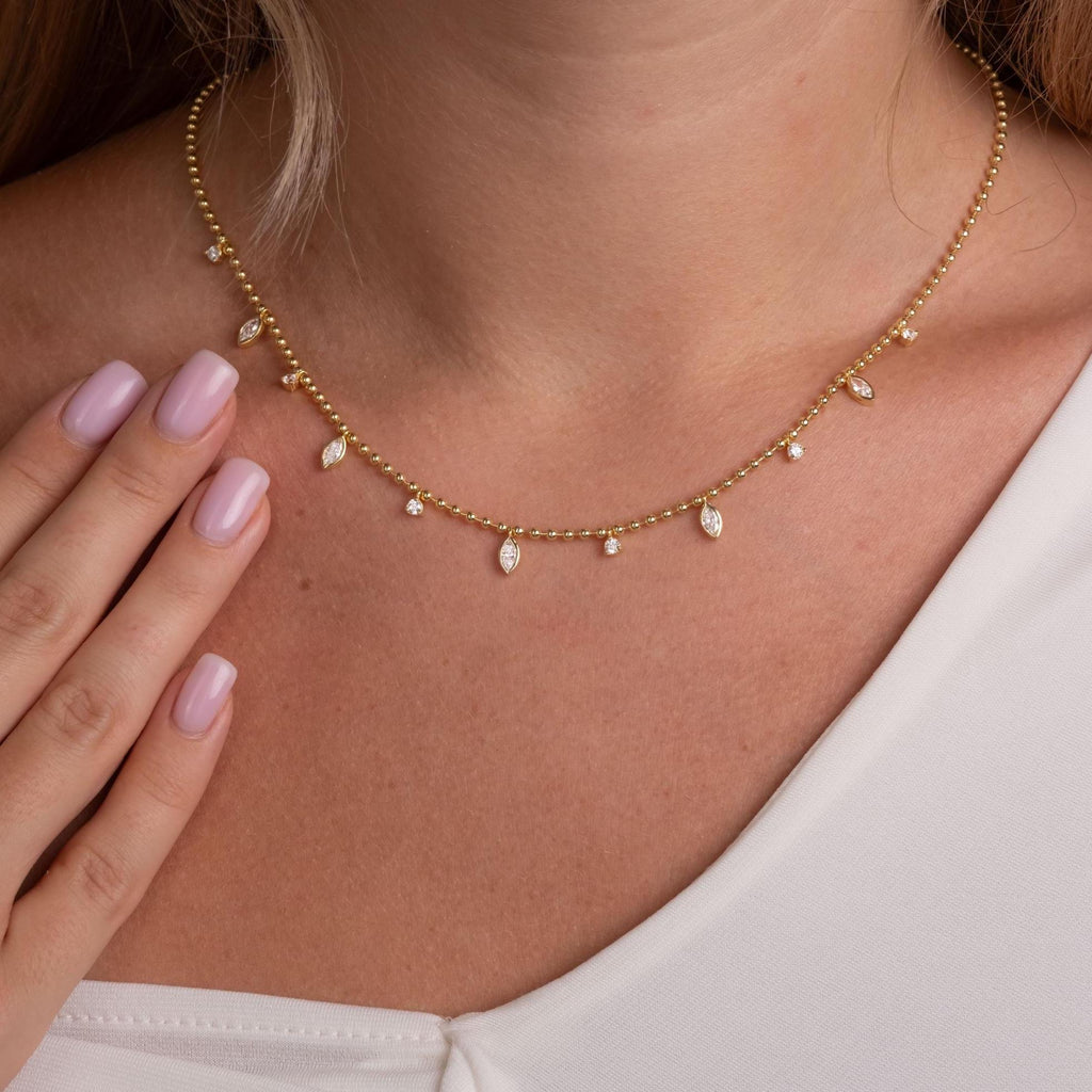 Diamond Ball Chain Station Necklace / 14k Gold Marquise Cut Diamond Station Necklace /Dainty Diamond Necklace / Bead Chain Layering Necklace