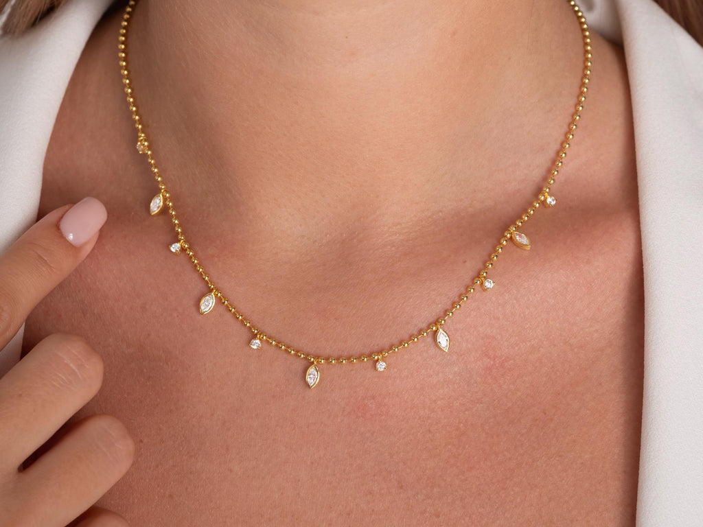 Diamond Ball Chain Station Necklace / 14k Gold Marquise Cut Diamond Station Necklace /Dainty Diamond Necklace / Bead Chain Layering Necklace