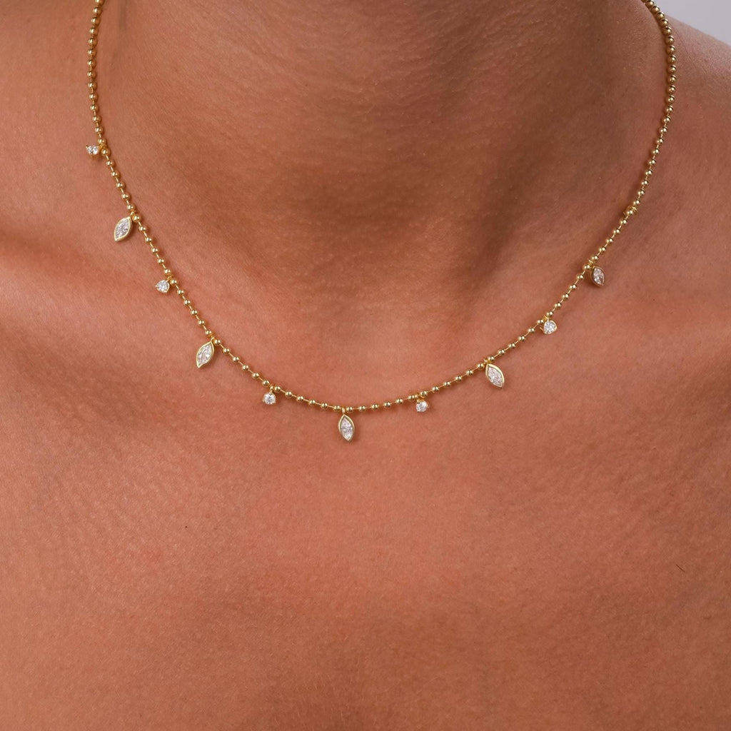 Diamond Ball Chain Station Necklace / 14k Gold Marquise Cut Diamond Station Necklace /Dainty Diamond Necklace / Bead Chain Layering Necklace