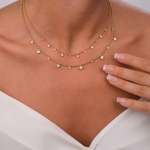 Princess Cut Diamond Station Necklace / 14k Gold Diamond Necklace / Dainty Bead Chain Diamond Necklace / Ball Chain Layering Necklace