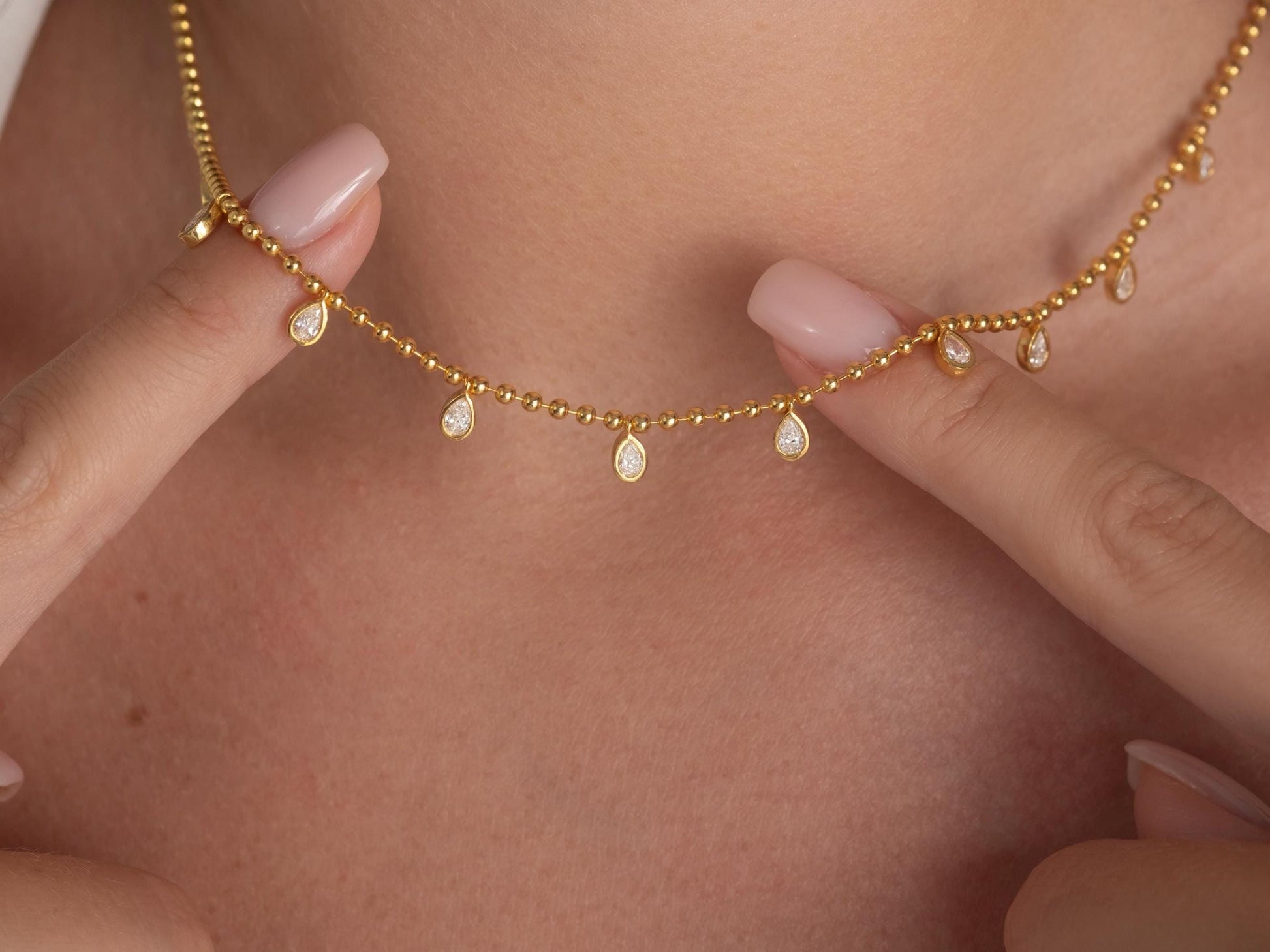 Diamond Ball Chain Station Necklace / 14k Gold Pear Diamond Station Necklace / Dainty Diamond Necklace / Bead Chain Layering Necklace