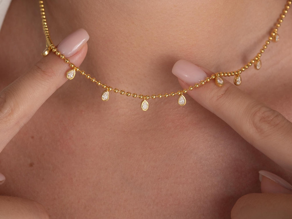 Diamond Ball Chain Station Necklace / 14k Gold Pear Diamond Station Necklace / Dainty Diamond Necklace / Bead Chain Layering Necklace