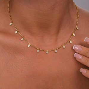 Diamond Ball Chain Station Necklace / 14k Gold Pear Diamond Station Necklace / Dainty Diamond Necklace / Bead Chain Layering Necklace